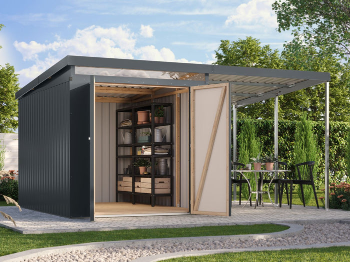 Karibu Metallgerätehaus Iridium 2,5 in Anthrazit, inkl. Anbaudach 2m