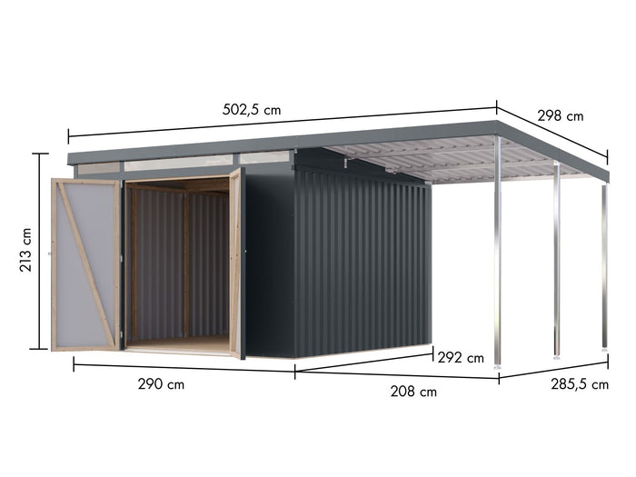 Karibu Metallgerätehaus Iridium 3,5 in Anthrazit, inkl. Anbaudach 2m