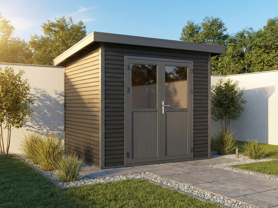Linholm WPC Gartenhaus Linia 2424 inkl. Dachrinnen-Set, 2-farbig Grau/Anthrazit