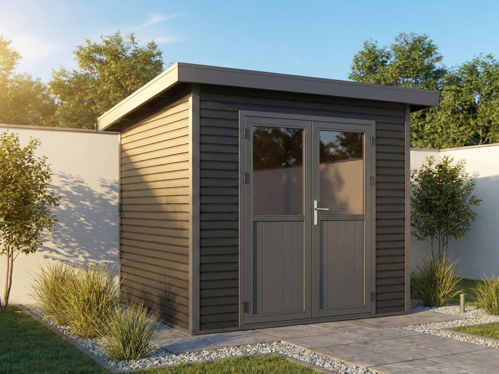 Linholm WPC Gartenhaus Linia 2424 inkl. Dachrinnen-Set, 2-farbig Grau/Anthrazit