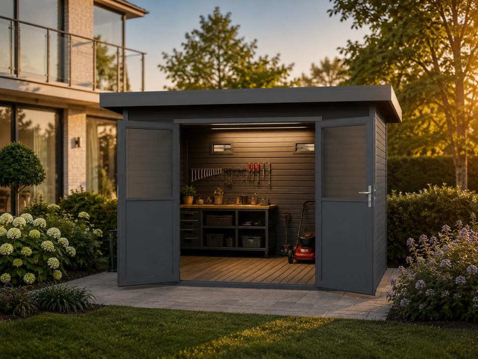 Linholm WPC Gartenhaus Linia 2828 inkl. Dachrinnen-Set, 2-farbig in Grau/Anthrazit