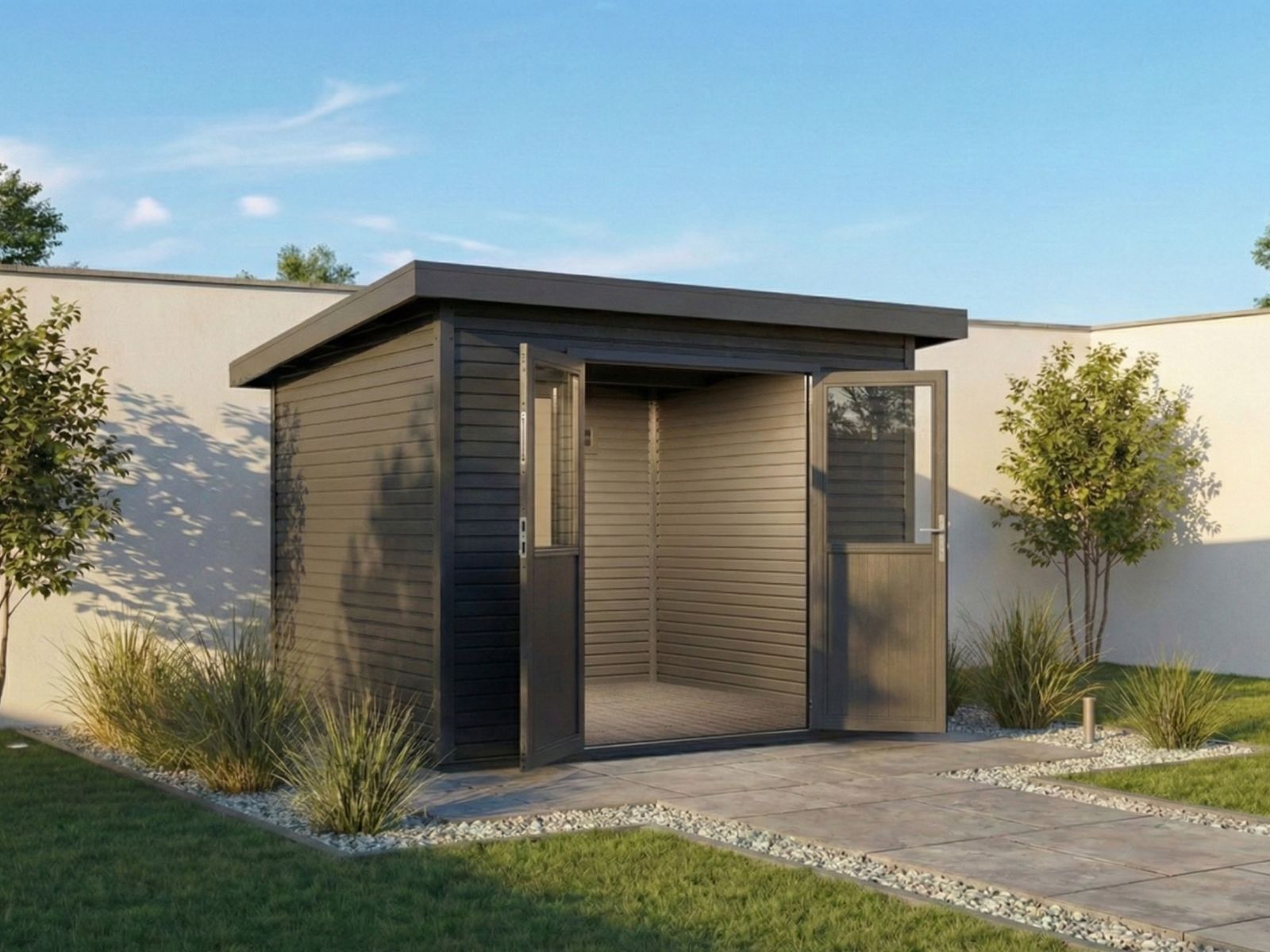 Linholm WPC Gartenhaus Linia 2828 inkl. Dachrinnen-Set, 2-farbig in Grau/Anthrazit