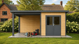 Linholm WPC Gartenhaus Linia 5228 mit Anbaudach und Rückwand, inkl. Dachrinnen-Set, Natur-Beige/Anthrazit