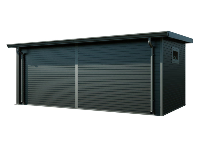 Linholm WPC Gartenhaus Linia 5628 mit Anbaudach und Rückwand, inkl. Dachrinnen-Set, Anthrazit