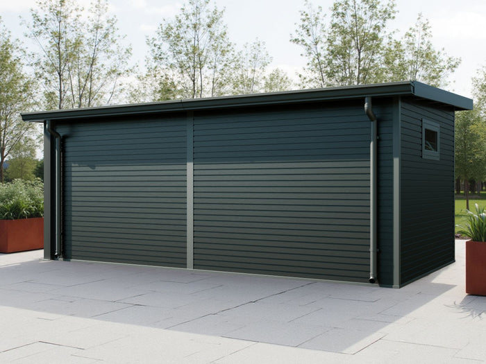 Linholm WPC Gartenhaus Linia 5628 mit Anbaudach und Rückwand, inkl. Dachrinnen-Set, Anthrazit