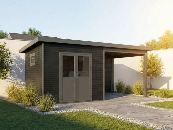 WPC Gartenhaus Linia 5628 mit Anbaudach und Rückwand, inkl. Dachrinnen-Set, Anthrazit