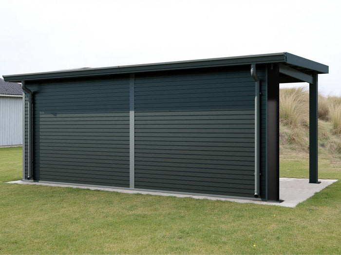 Linholm WPC Gartenhaus Linia 5628 mit Anbaudach und Rückwand, inkl. Dachrinnen-Set, Anthrazit