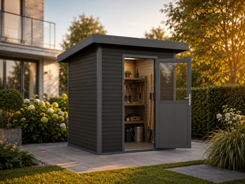Linholm WPC Gartenhaus Linia 2020 inkl. Dachrinnen-Set, 2-farbig Grau/Anthrazit