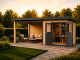 Linholm WPC Gartenhaus Linia 5228 mit Anbaudach und Rückwand, inkl. Dachrinnen-Set, Natur-Beige/Anthrazit