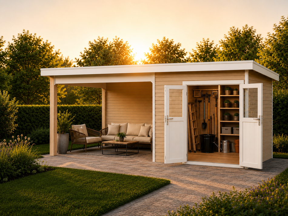 Linholm WPC Gartenhaus Linia 5228 mit Anbaudach und Rückwand, inkl. Dachrinnen-Set, Natur-Beige/Weiß