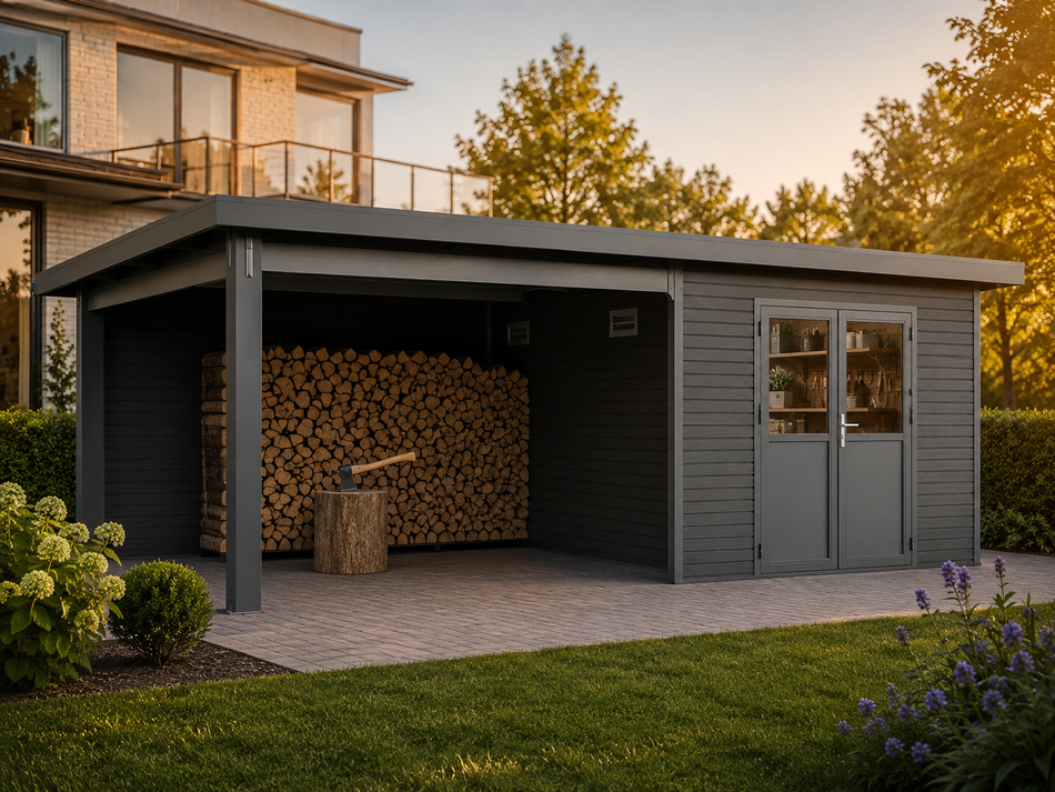Linholm WPC Gartenhaus Linia 5628 mit Anbaudach und Rückwand, inkl. Dachrinnen-Set, Anthrazit