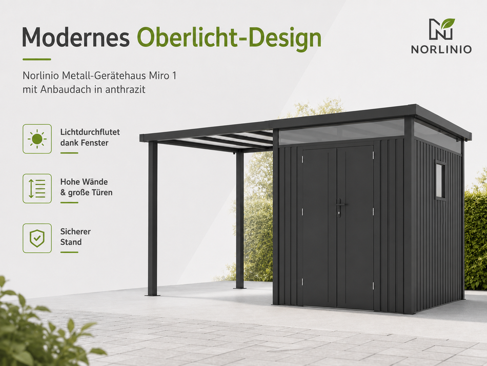 Norlinio Metall Gerätehaus Miro 1 mit Anbaudach in Anthrazit