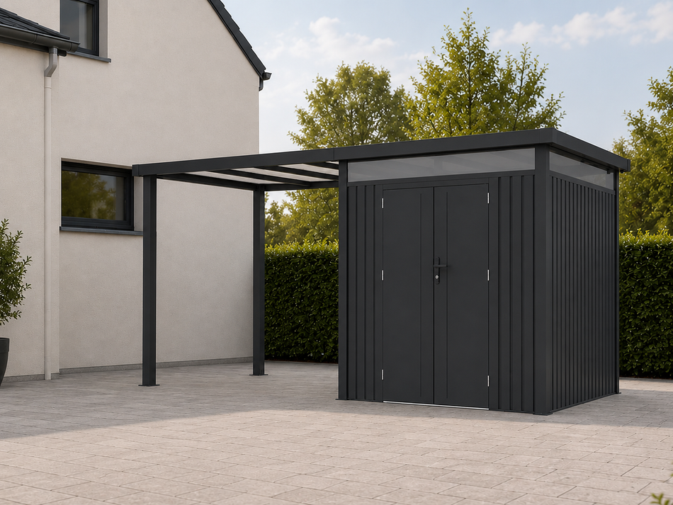 Norlinio Metall Gerätehaus Miro 1 mit Anbaudach in Anthrazit