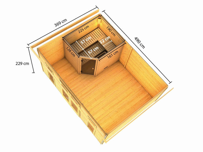Karibu Saunahaus Mainburg 4 Set B naturbelassen, inkl. 9 kW Ofen ext. Steuerung HUUM