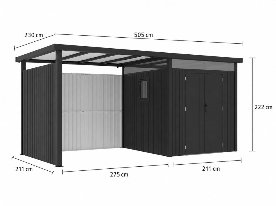 Norlinio Metall Gerätehaus Miro 1 mit Anbaudach und Wandset in Anthrazit
