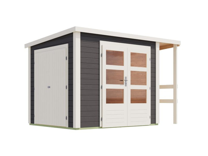 Karibu Multifunktionshaus Pultdach mit Schrank und Anbaudach 28 mm, terragrau