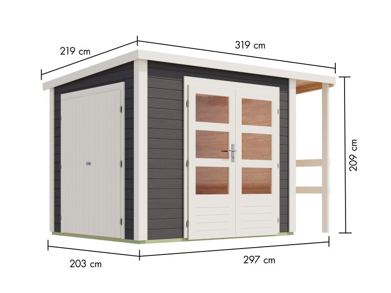 Karibu Multifunktionshaus Pultdach mit Schrank und Anbaudach 28 mm, terragrau