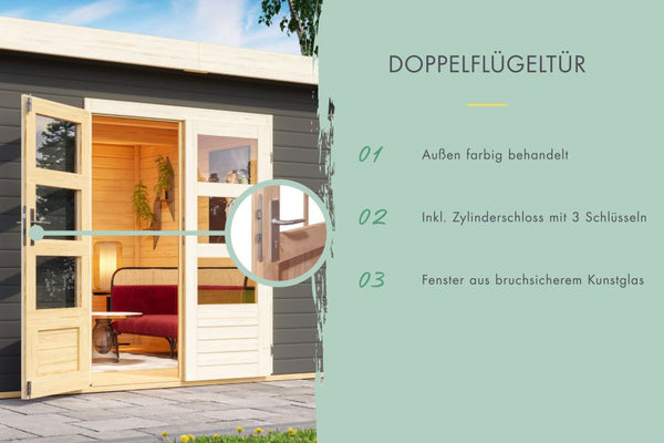 Karibu Multifunktionshaus Pultdach mit Schrank und Anbaudach 28 mm, terragrau