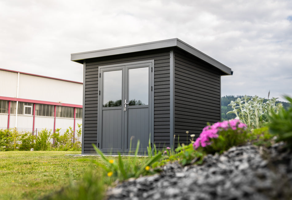 Linholm WPC Gartenhaus Linia 2424 inkl. Dachrinnen-Set, 2-farbig Grau/Anthrazit