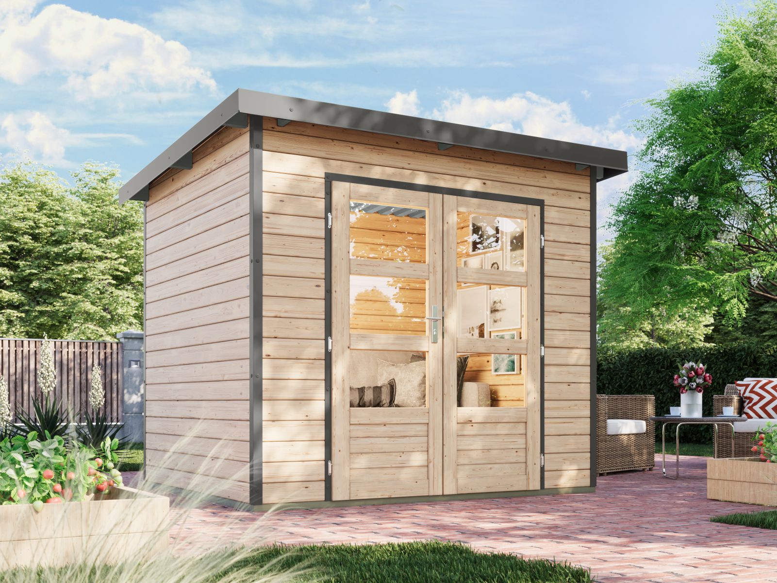 Karibu Hybrid Gartenhaus Pluto 2 A, naturbelassen/graualuminium, 28 mm