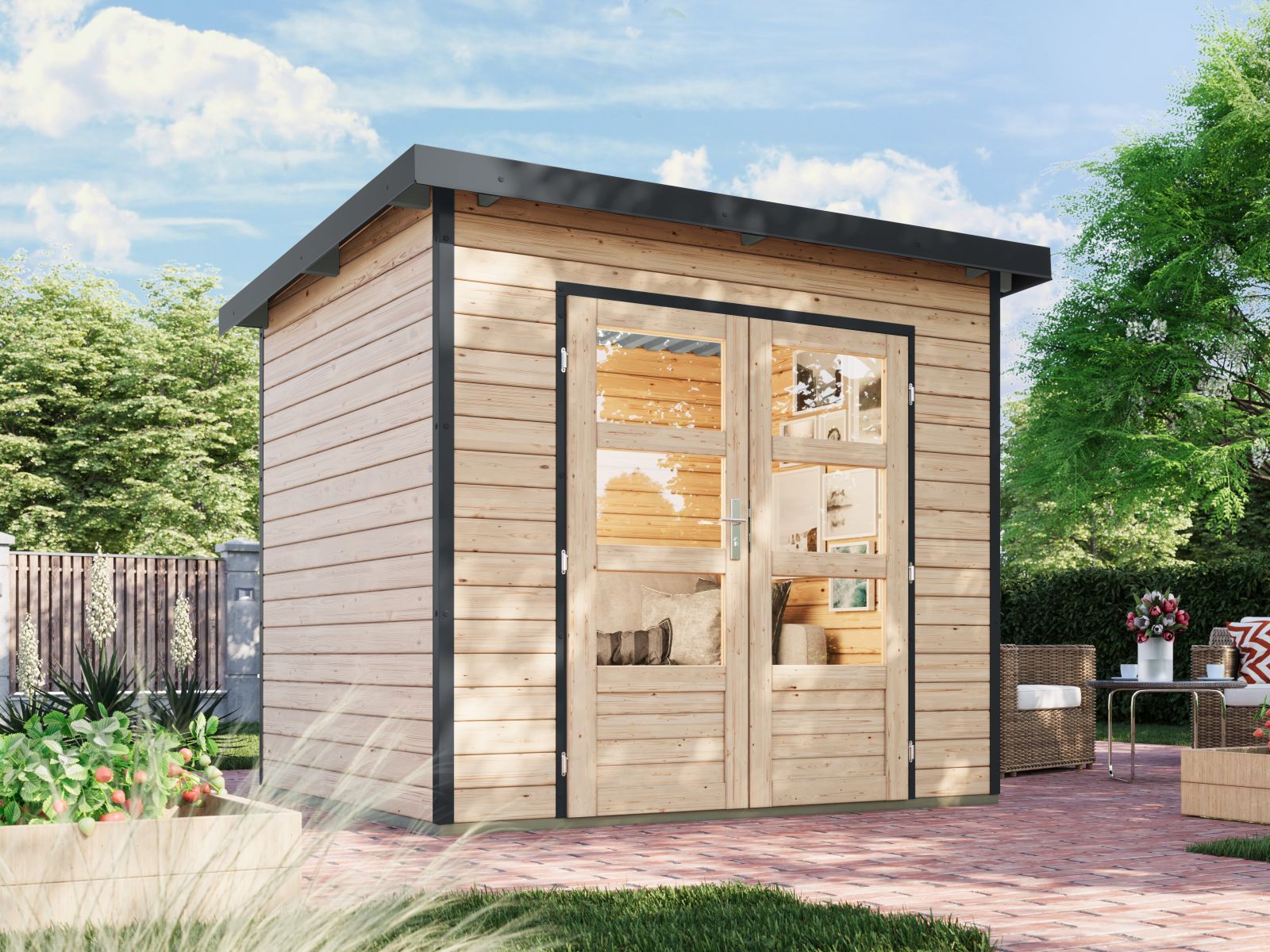 Karibu Hybrid Gartenhaus Pluto 2 A, naturbelassen/anthrazit, 28 mm