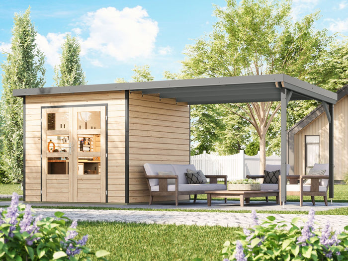 Karibu Hybrid Gartenhaus Pluto 3 A, naturbelassen/graualuminium, 28 mm, inkl. Anbaudach ca. 3m