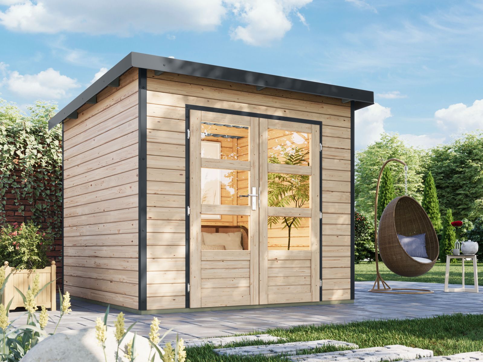 Karibu Hybrid Gartenhaus Pluto 3 A, naturbelassen/anthrazit, 28 mm