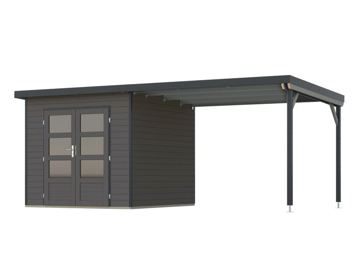 Karibu Hybrid Gartenhaus Pluto 3 B, terragrau/anthrazit, 28 mm, inkl. Anbaudach ca. 3m