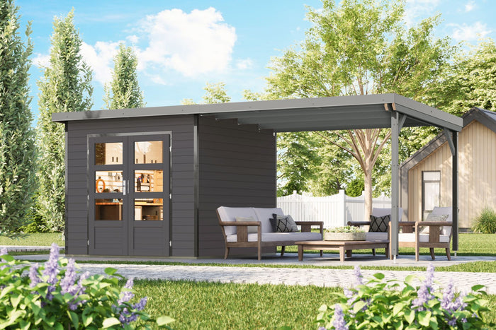 Karibu Hybrid Gartenhaus Pluto 3 B, terragrau/graualuminium, 28 mm, inkl. Anbaudach ca. 3m