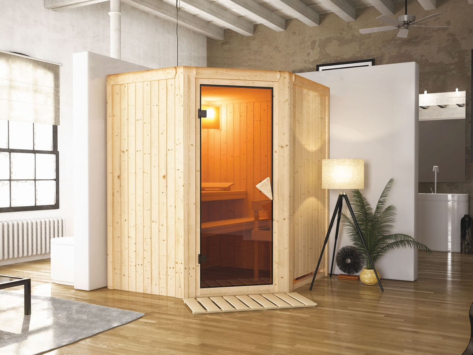 Karibu Sauna Tauriun inkl. 9 kW Bioofen externe Steuerung, mit bronzierter Ganzglastür - ohne Dachkr