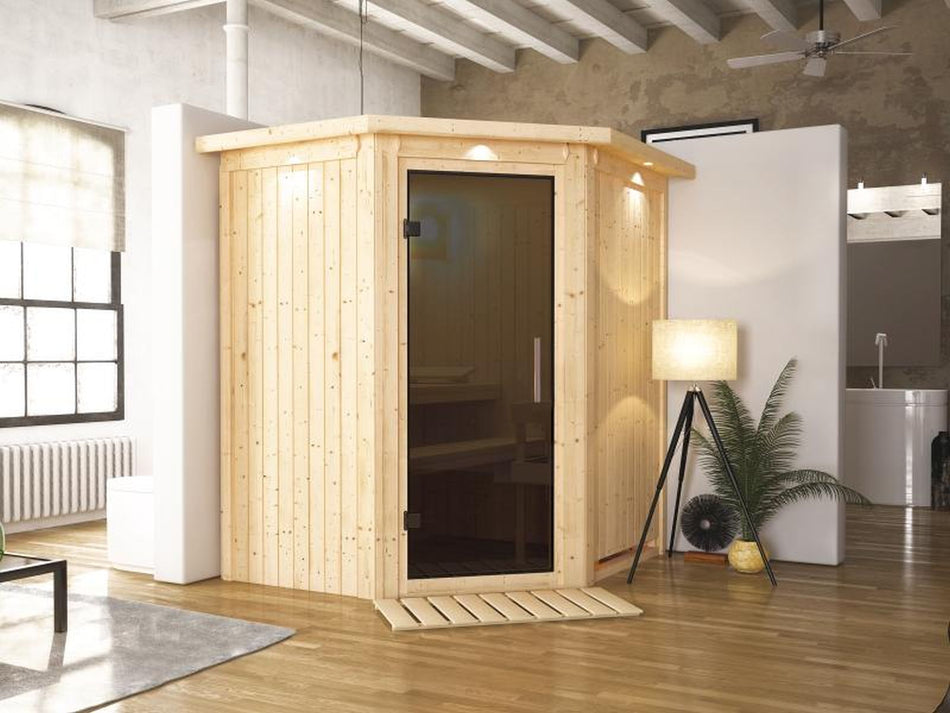 Karibu Sauna Taurin inkl. 9 kW Bioofen ext. Steuerung, mit moderner Saunatür - mit Dachkranz -