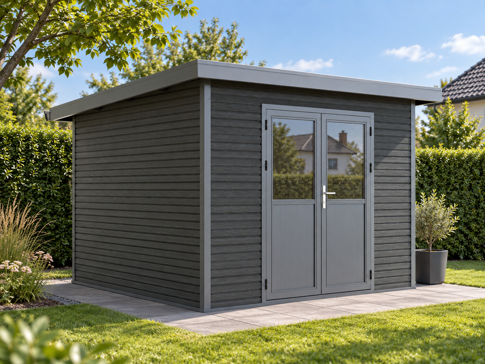 Linholm WPC Gartenhaus Linia 2828 inkl. Dachrinnen-Set, 2-farbig in Grau/Anthrazit