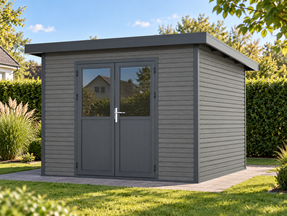 Linholm WPC Gartenhaus Linia 2828 inkl. Dachrinnen-Set, 2-farbig in Grau/Anthrazit