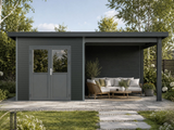 Linholm WPC Gartenhaus Linia 5228 mit Anbaudach und Rückwand, inkl. Dachrinnen-Set, Anthrazit