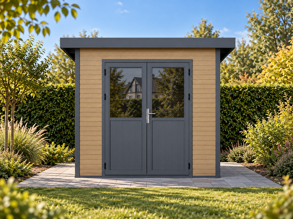 Linholm WPC Gartenhaus Linia 2424 inkl. Dachrinnen-Set, Natur-Beige/Anthrazit