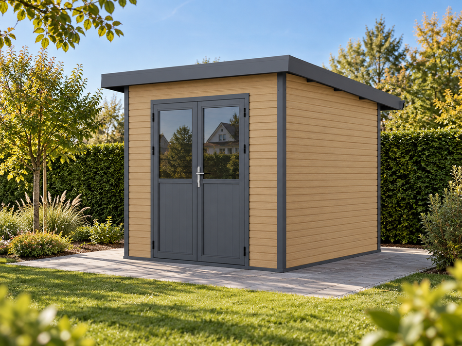 Linholm WPC Gartenhaus Linia 2424 inkl. Dachrinnen-Set, Natur-Beige/Anthrazit
