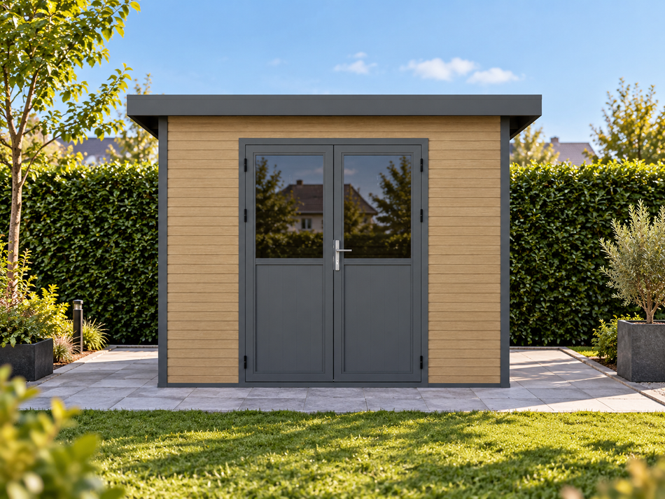 Linholm  WPC Gartenhaus Linia 2828 inkl. Dachrinnen-Set, Natur-Beige/Anthrazit
