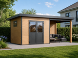Linholm WPC Gartenhaus Linia 5628 mit Anbaudach und Rückwand, inkl. Dachrinnen-Set, Natur-Beige/Anthrazit