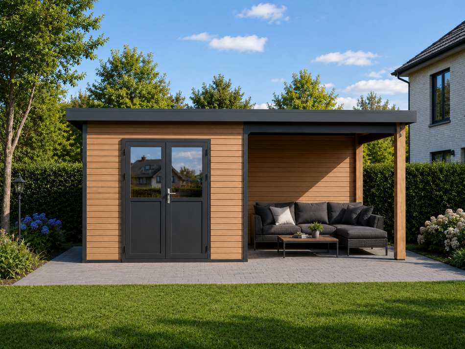 Linholm WPC Gartenhaus Linia 5628 mit Anbaudach und Rückwand, inkl. Dachrinnen-Set, Natur-Beige/Anthrazit