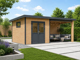 Linholm WPC Gartenhaus Linia 5628 mit Anbaudach und Rückwand, inkl. Dachrinnen-Set, Natur-Beige/Anthrazit
