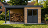 Linholm WPC Gartenhaus Linia 5228 mit Anbaudach und Rückwand, inkl. Dachrinnen-Set, Natur-Beige/Anthrazit