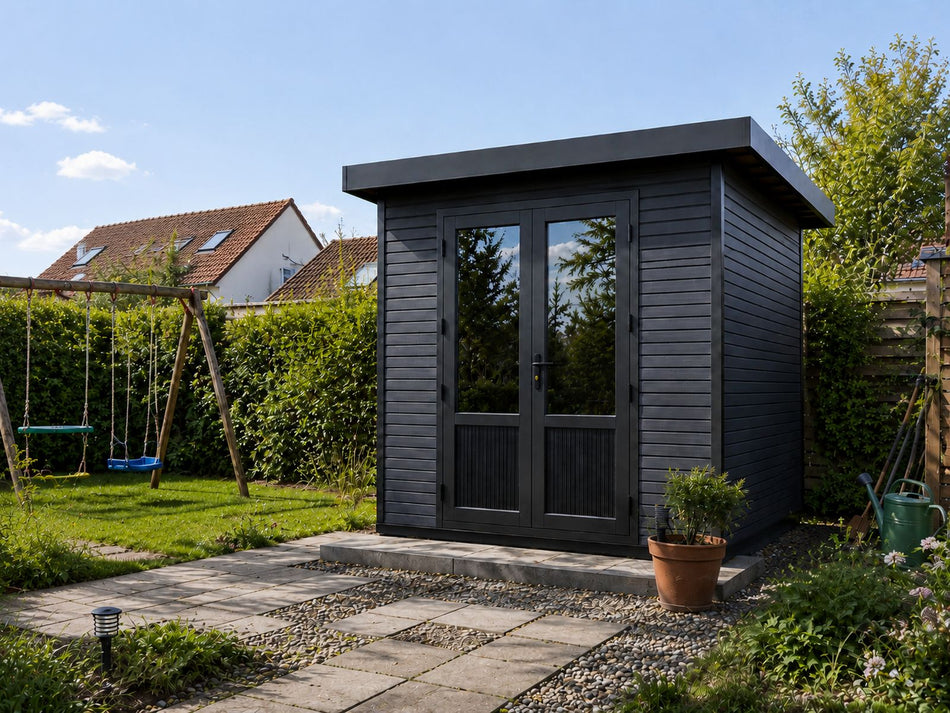 Linholm WPC Gartenhaus Norvia 2020 inkl. Dachrinnen-Set, 2-farbig Dunkelgrau/Anthrazit