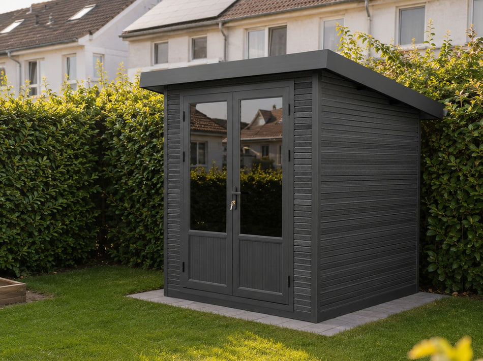 Linholm WPC Gartenhaus Norvia 2020 inkl. Dachrinnen-Set, 2-farbig Dunkelgrau/Anthrazit