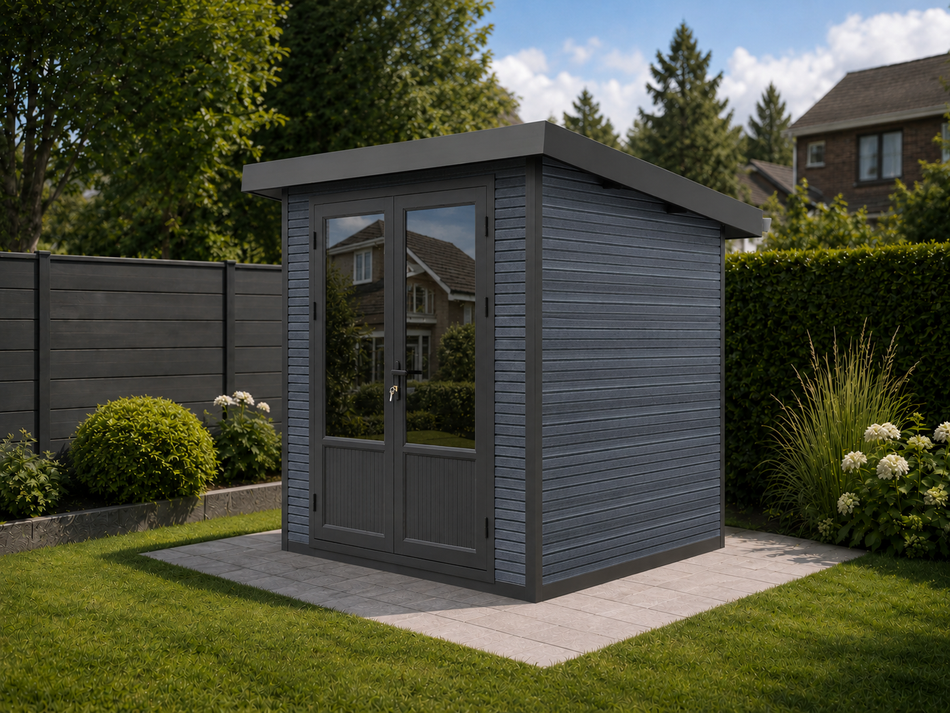 Linholm WPC Gartenhaus Norvia 2020 inkl. Dachrinnen-Set, 2-farbig Dunkelgrau/Anthrazit