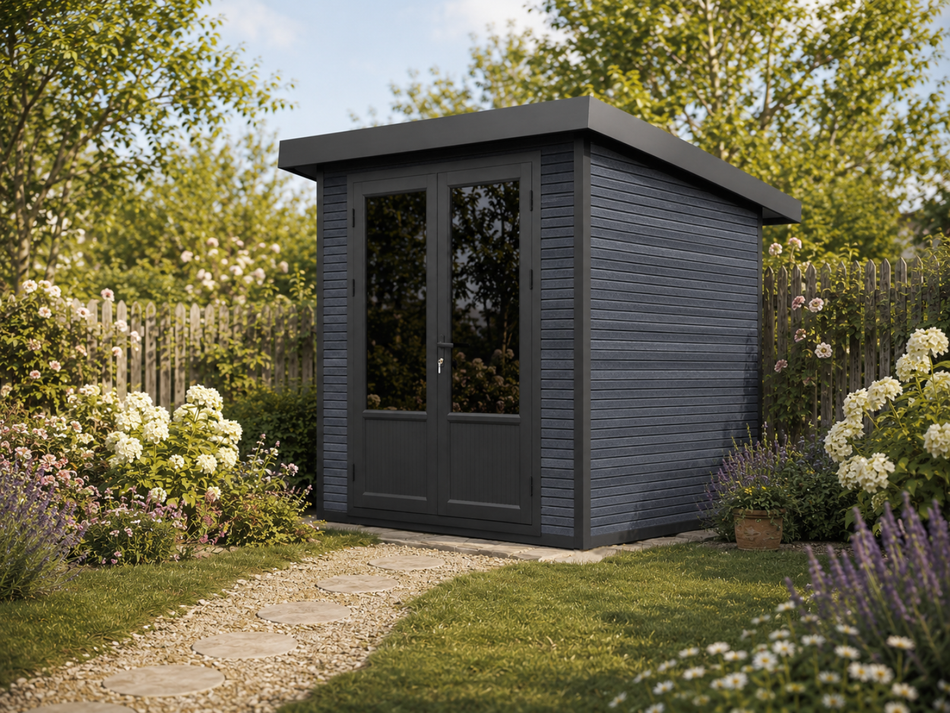 Linholm WPC Gartenhaus Norvia 2020 inkl. Dachrinnen-Set, 2-farbig Dunkelgrau/Anthrazit
