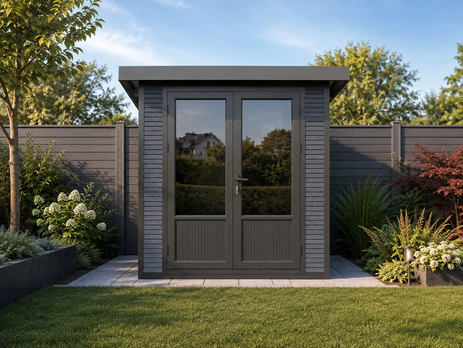 Linholm WPC Gartenhaus Norvia 2020 inkl. Dachrinnen-Set, 2-farbig Dunkelgrau/Anthrazit