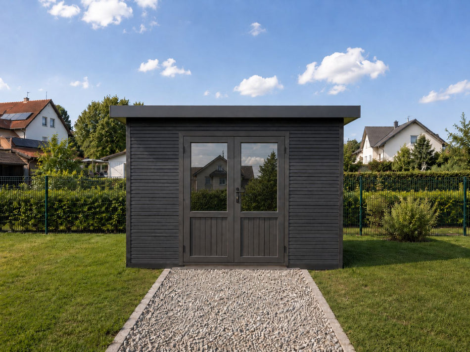 Linholm WPC Gartenhaus Norvia 3030 inkl. Dachrinnen-Set, 2-farbig Dunkelgrau/Anthrazit