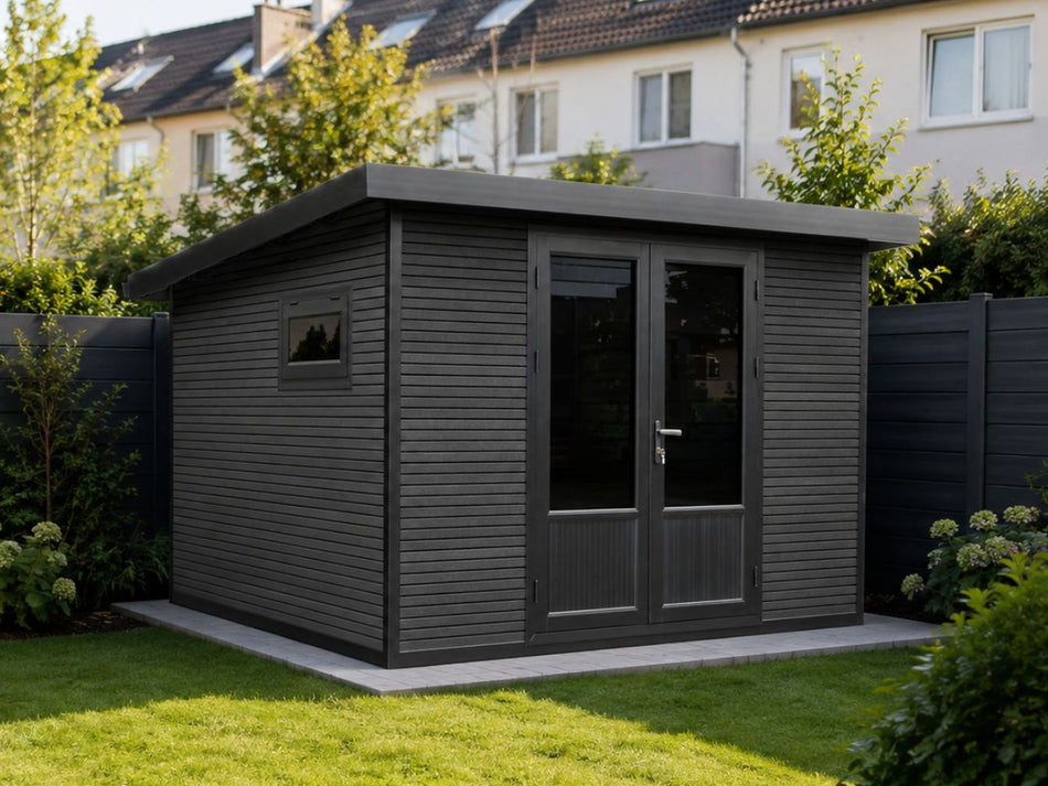 Linholm WPC Gartenhaus Norvia 3030 inkl. Dachrinnen-Set, 2-farbig Dunkelgrau/Anthrazit