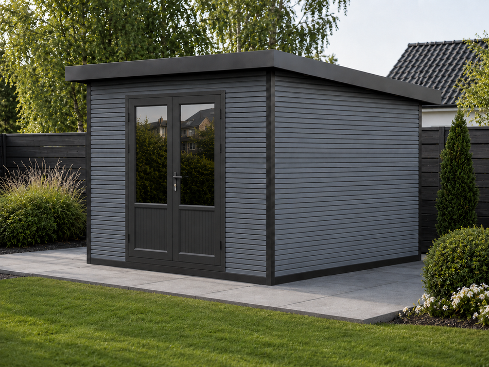 Linholm WPC Gartenhaus Norvia 3030 inkl. Dachrinnen-Set, 2-farbig Dunkelgrau/Anthrazit