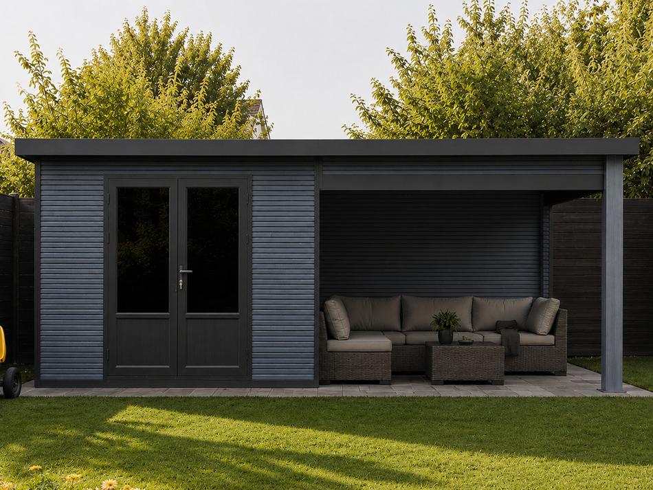 Linholm WPC Gartenhaus Norvia 5829 mit Anbaudach und Rückwand, inkl. Dachrinnen-Set, Dunkelgrau